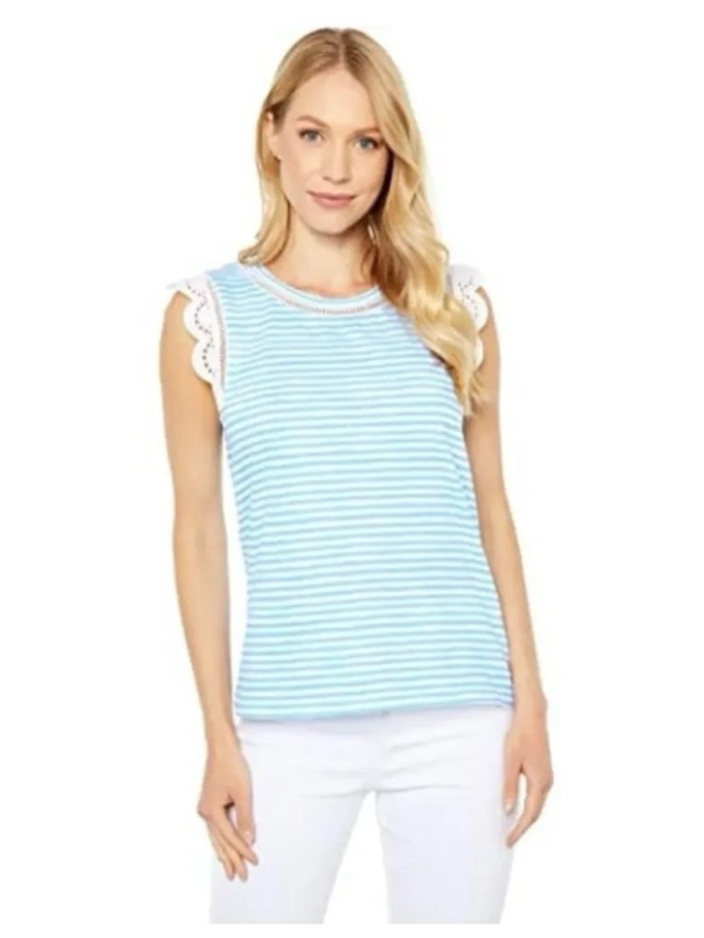 Lilly Pulitzer Blue & White Striped Sleeveless Top with Lace Trim